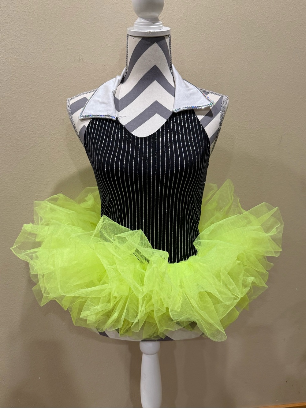 Adult small Neon Yellow Tulle Tutu Dance Costume with Black Pinstripe Bodice